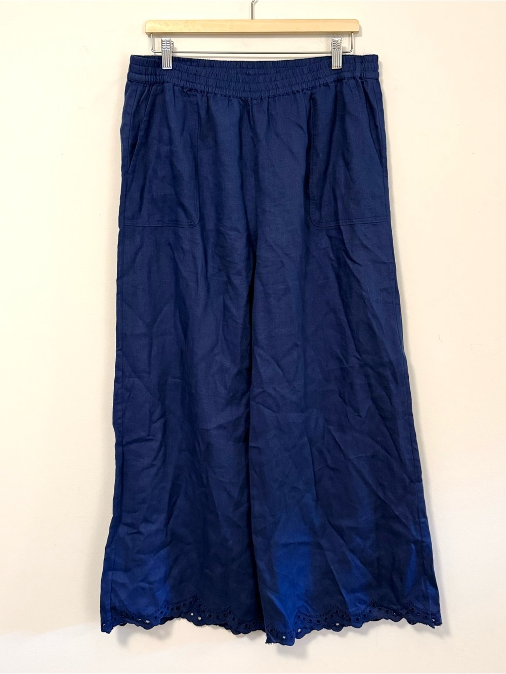 Roller Rabbit Blue Linen Wide Leg Pants Eyelet Hem Elastic Waist Size XL